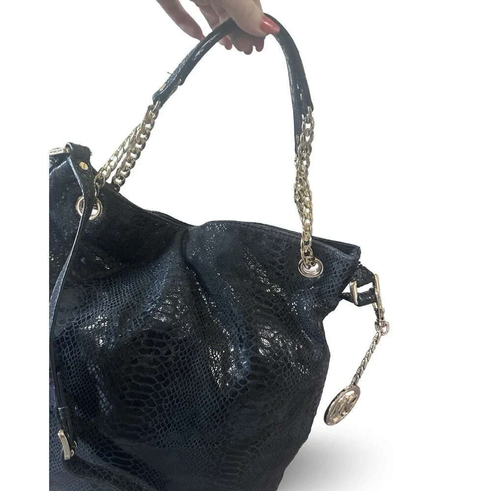 Michael Kors Black Glossy Embossed Leather Shoulder Bag Gold Chain Hobo Slouchy
